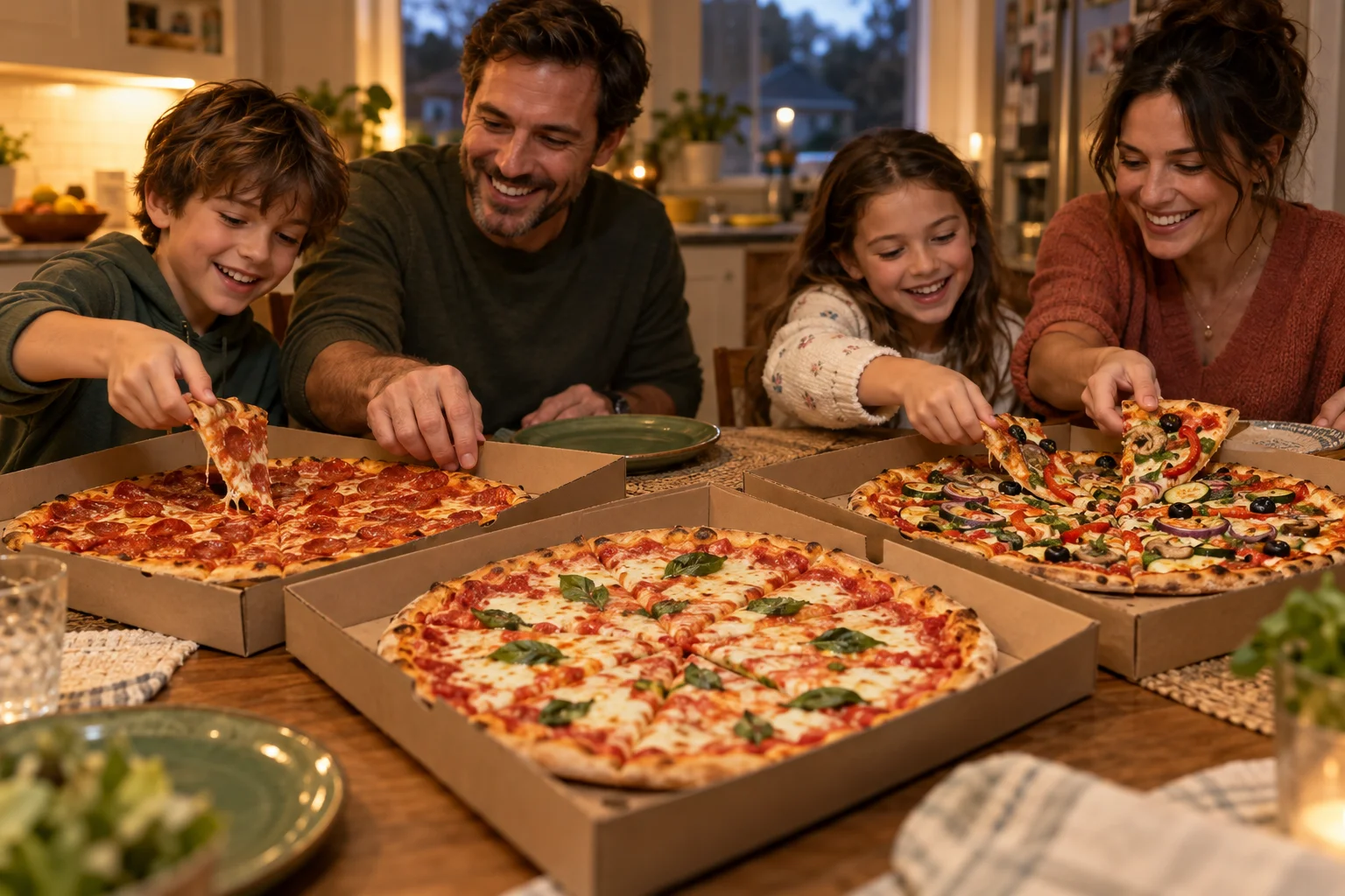À la maison, une famille partage trois pizzas autour de la table